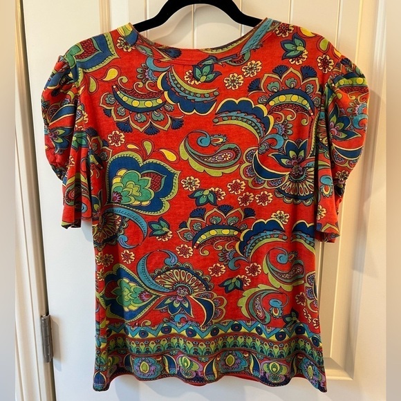 Mirror Image Y2K Multicolor Paisley Print Short Puff Sleeve Top Cotton Size L - Picture 2 of 9